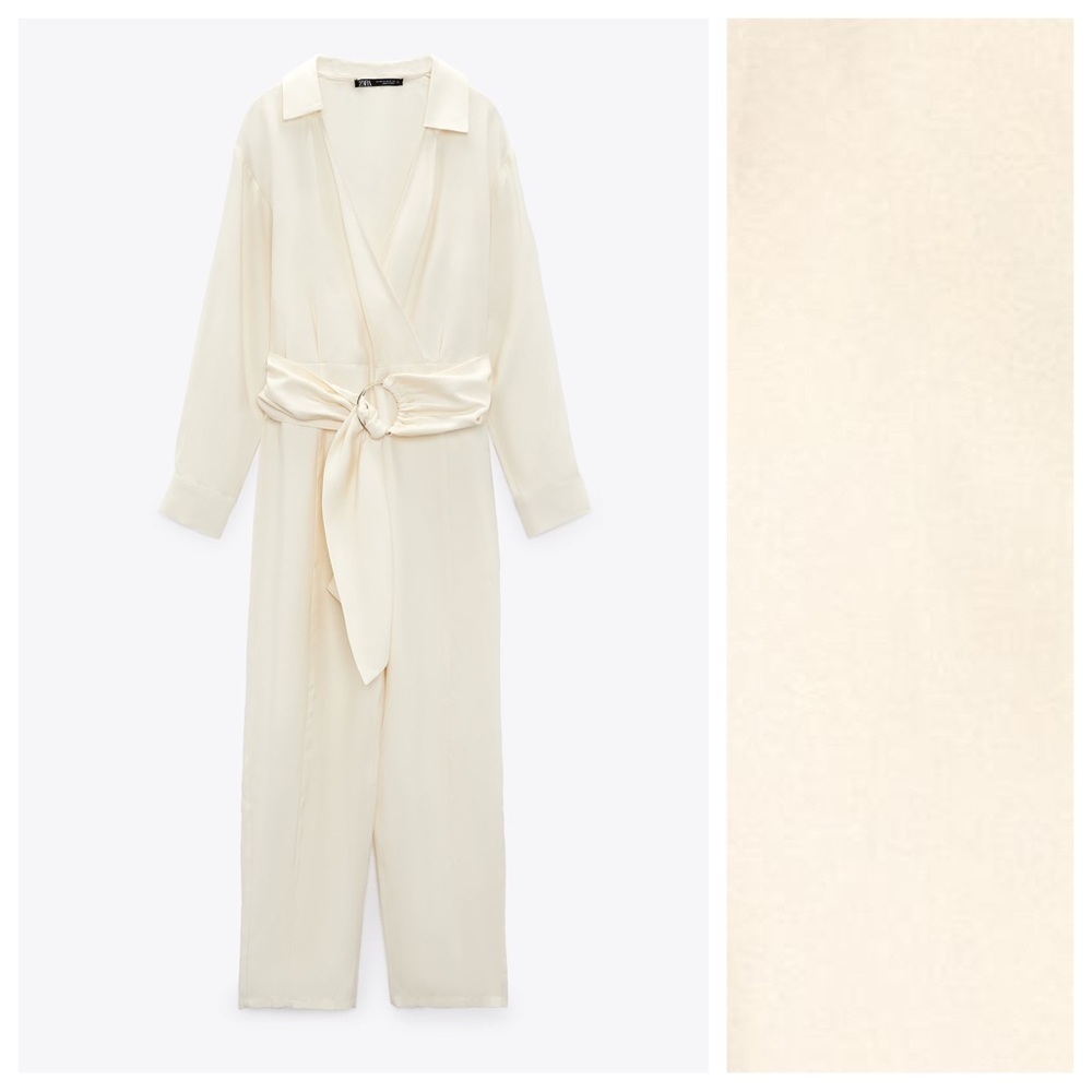 NWT. Zara Cream Modal Blend Double-Breasted Jumpsuit with Gold Buckle. Size L. - Picture 6 of 10
